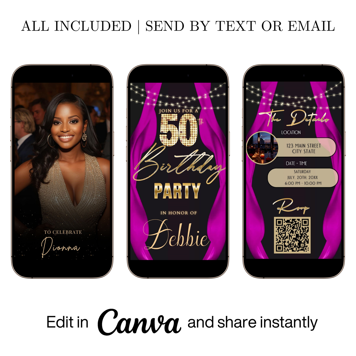 Editable pink curtain 50th birthday video invitation displayed on a mobile phone, featuring an animated vertical digital invite with music, created in Canva. This premium video invitation template is designed for sharing by text, email, and social media and works with an interactive RSVP website for easy guest response tracking.