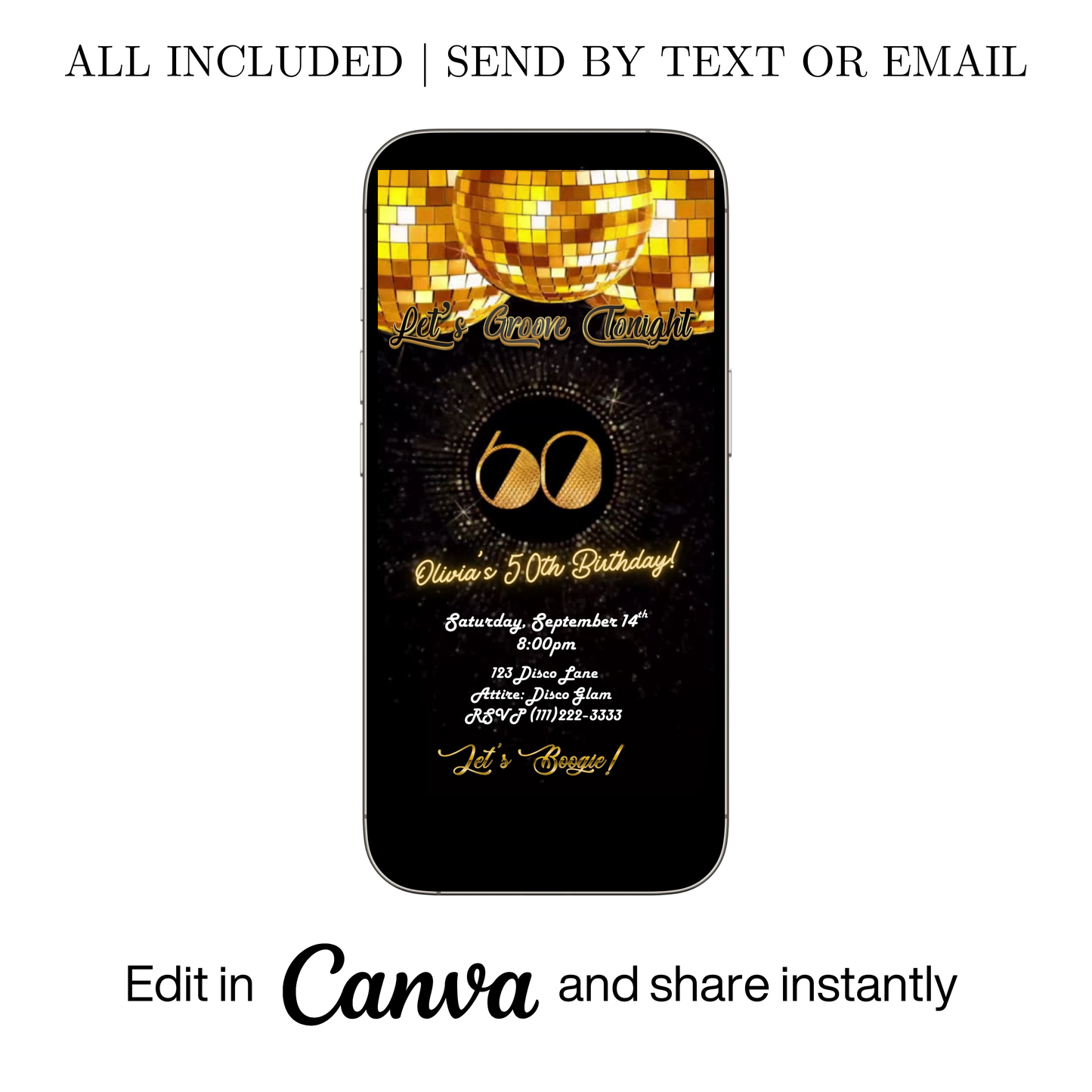Editable gold disco 60th birthday video invitation displayed on a mobile phone, featuring an animated vertical digital invite with music, created in Canva. This premium video invitation template is designed for sharing by text, email, and social media and works with an interactive RSVP website for easy guest response tracking.