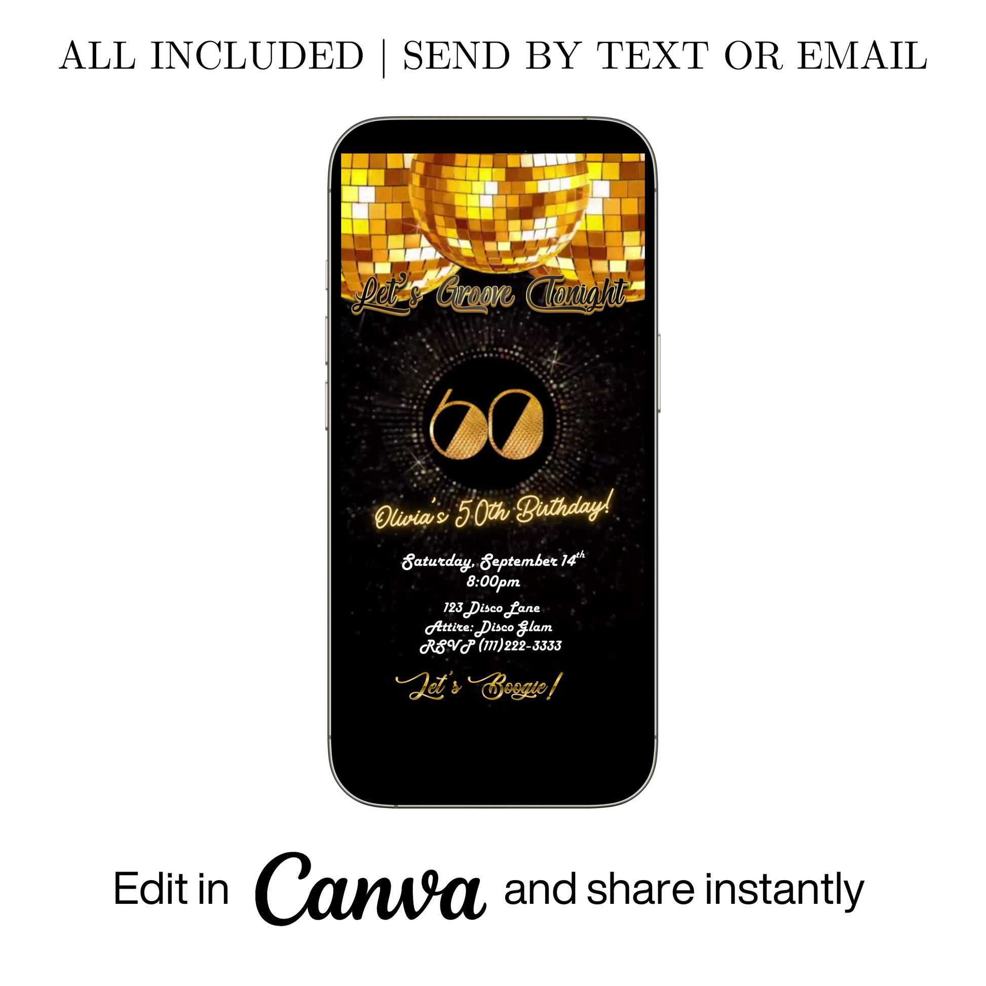 Editable gold disco 60th birthday video invitation displayed on a mobile phone, featuring an animated vertical digital invite with music, created in Canva. This premium video invitation template is designed for sharing by text, email, and social media and works with an interactive RSVP website for easy guest response tracking.