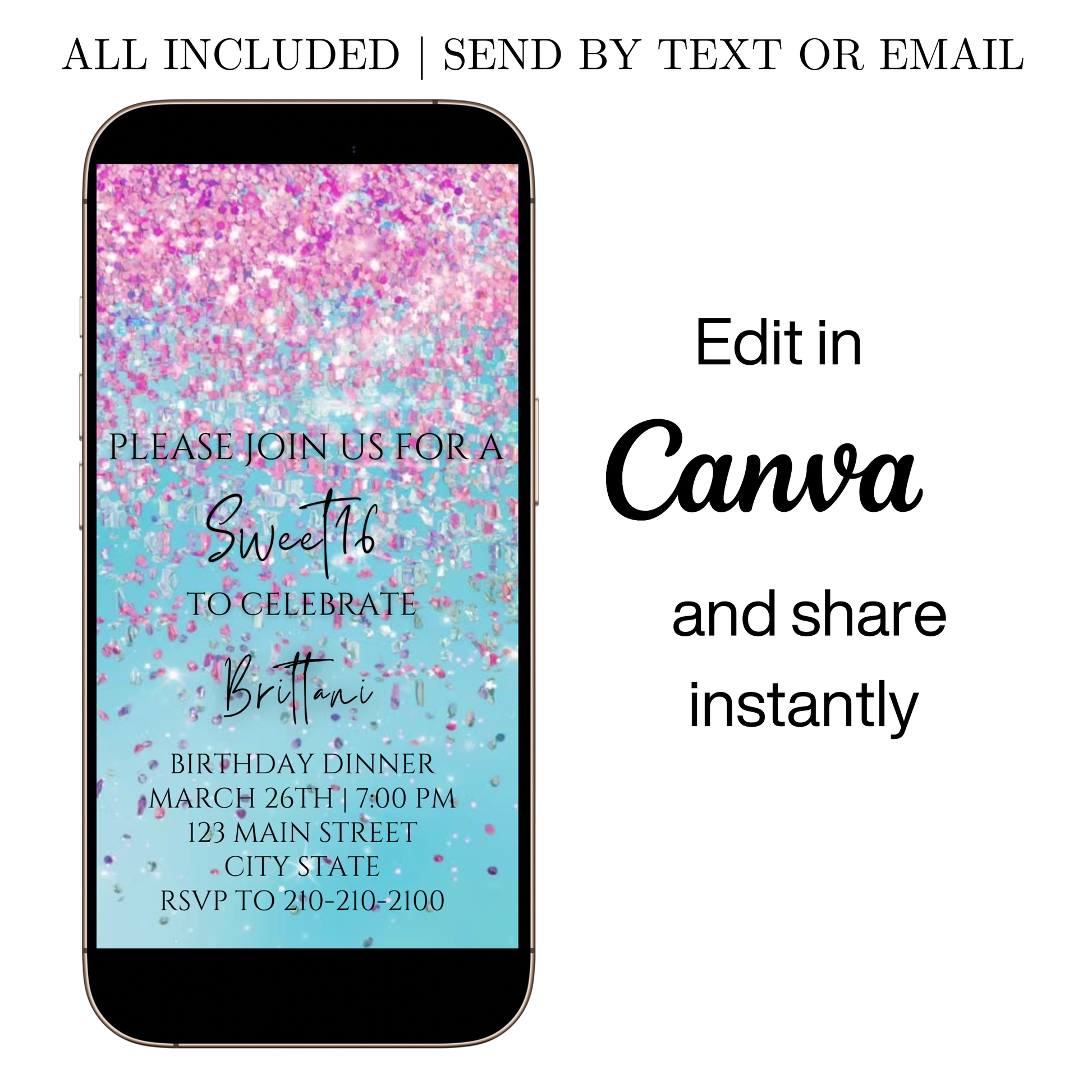 Editable pink and blue watercolor glitter sweet 16 birthday dinner video invitation displayed on a mobile phone, featuring an animated vertical digital invite with music, created in Canva. This premium video invitation template is designed for sharing by text, email, and social media and works with an interactive RSVP website for easy guest response tracking.