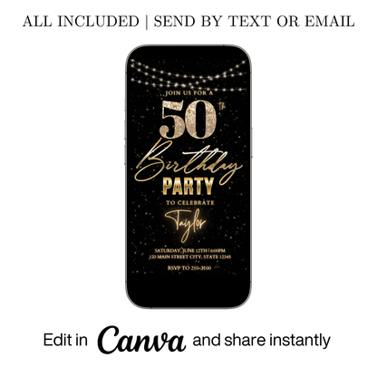Editable gold glitter starry 50th birthday video invitation displayed on a mobile phone, featuring an animated vertical digital invite with music, created in Canva. This premium video invitation template is designed for sharing by text, email, and social media and works with an interactive RSVP website for easy guest response tracking.
