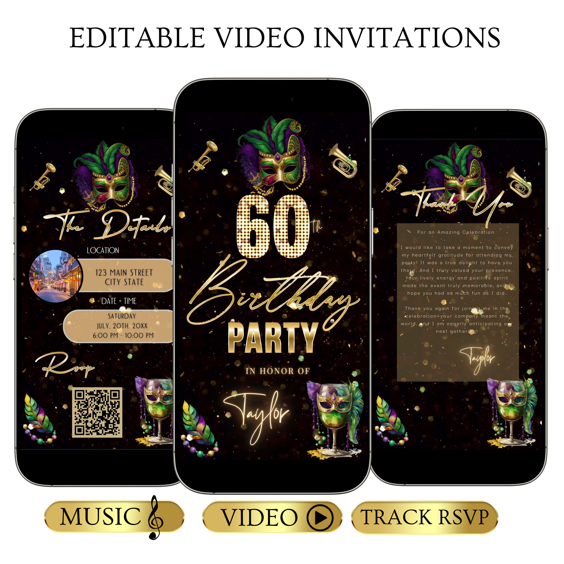 Editable mardi gras masquerade 60th birthday birthday video invitation displayed on a mobile phone, featuring an animated vertical digital invite with music, created in Canva. This premium video invitation template is designed for sharing by text, email, and social media and works with an interactive RSVP website for easy guest response tracking.