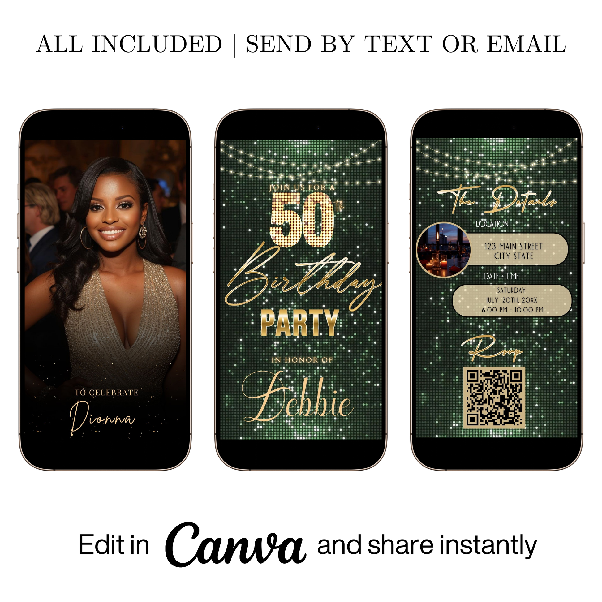 Editable sage green gold glitter 50th birthday video invitation displayed on a mobile phone, featuring an animated vertical digital invite with music, created in Canva. This premium video invitation template is designed for sharing by text, email, and social media and works with an interactive RSVP website for easy guest response tracking.