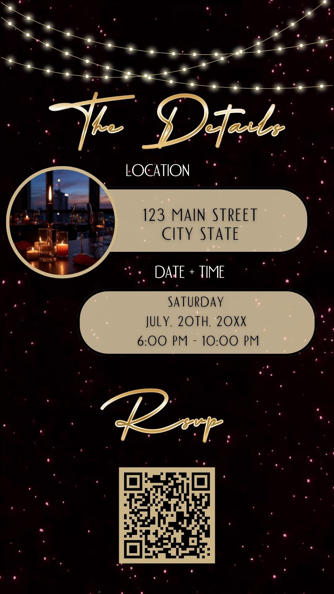 Editable maroon gold glitter 50th birthday video invitation displayed on a mobile phone, featuring an animated vertical digital invite with music, created in Canva. This premium video invitation template is designed for sharing by text, email, and social media and works with an interactive RSVP website for easy guest response tracking.