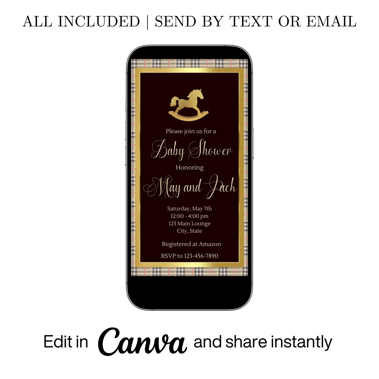 Editable maroon ralph lauren polo baby shower video invitation displayed on a mobile phone, featuring an animated vertical digital invite with music, created in Canva. This premium video invitation template is designed for sharing by text, email, and social media and works with an interactive RSVP website for easy guest response tracking.