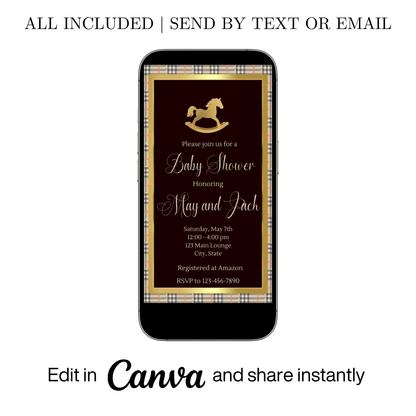 Editable maroon ralph lauren polo baby shower video invitation displayed on a mobile phone, featuring an animated vertical digital invite with music, created in Canva. This premium video invitation template is designed for sharing by text, email, and social media and works with an interactive RSVP website for easy guest response tracking.