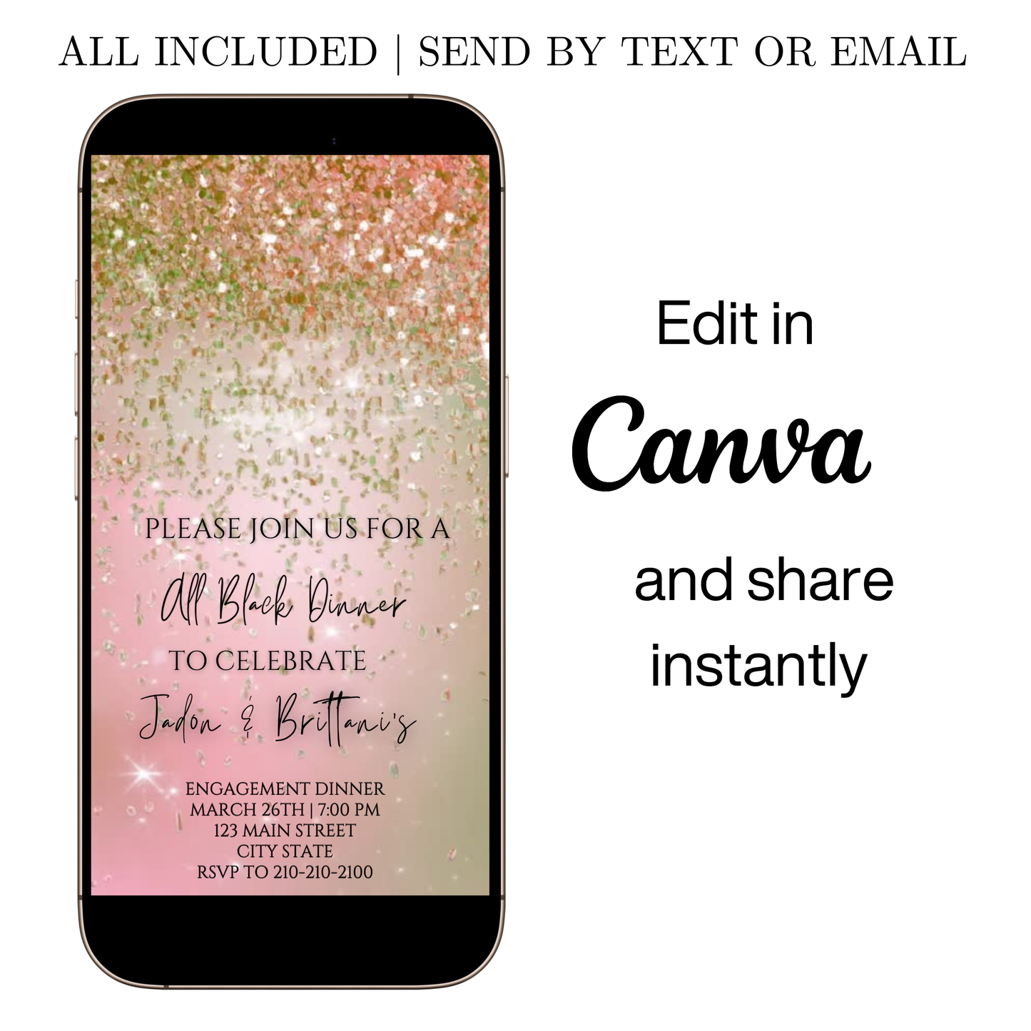 Editable pink gold watercolor glitter engagement dinner video invitation displayed on a mobile phone, featuring an animated vertical digital invite with music, created in Canva. This premium video invitation template is designed for sharing by text, email, and social media and works with an interactive RSVP website for easy guest response tracking.