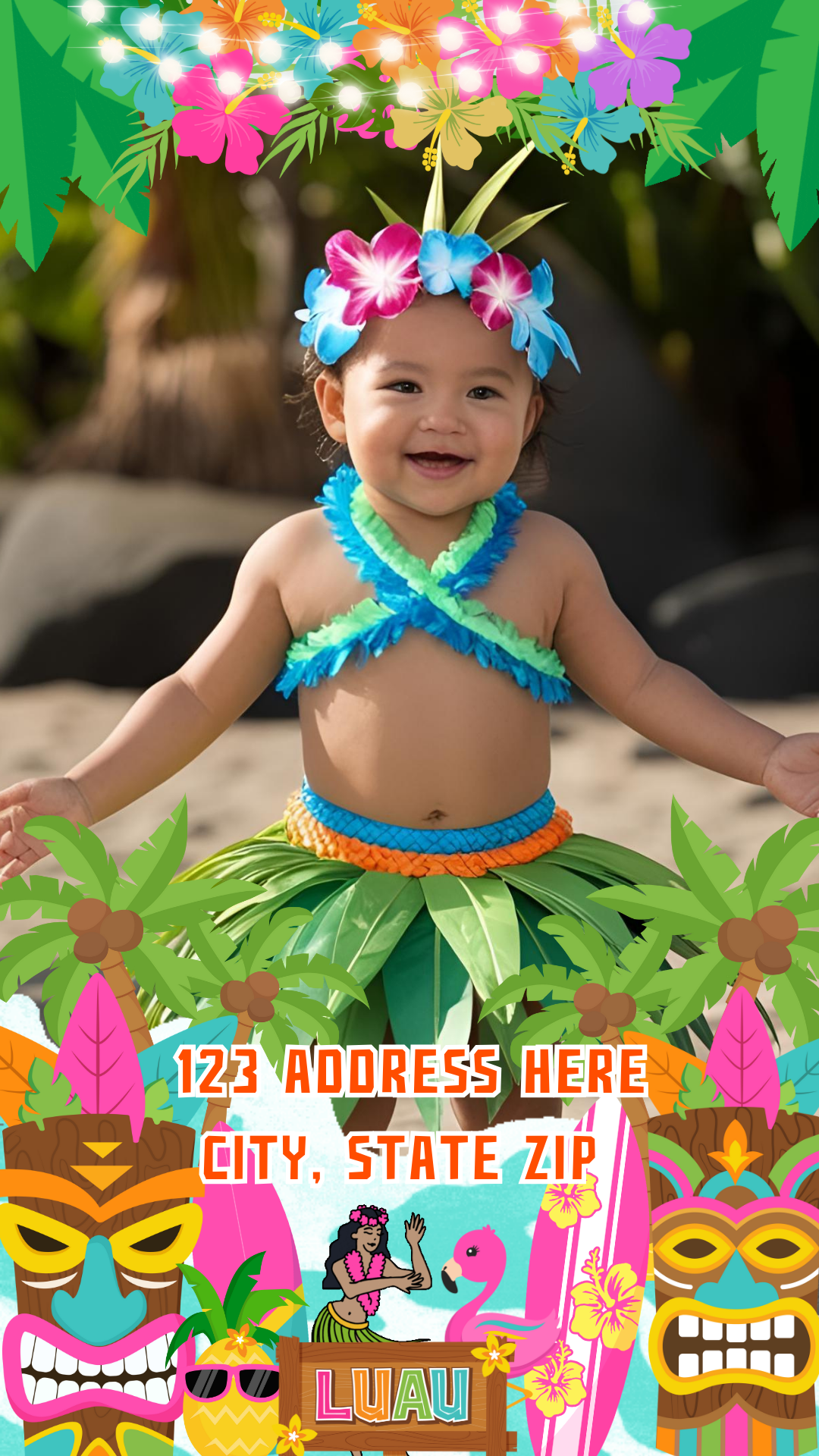 Hawaiian party video card with palm trees and flowers
