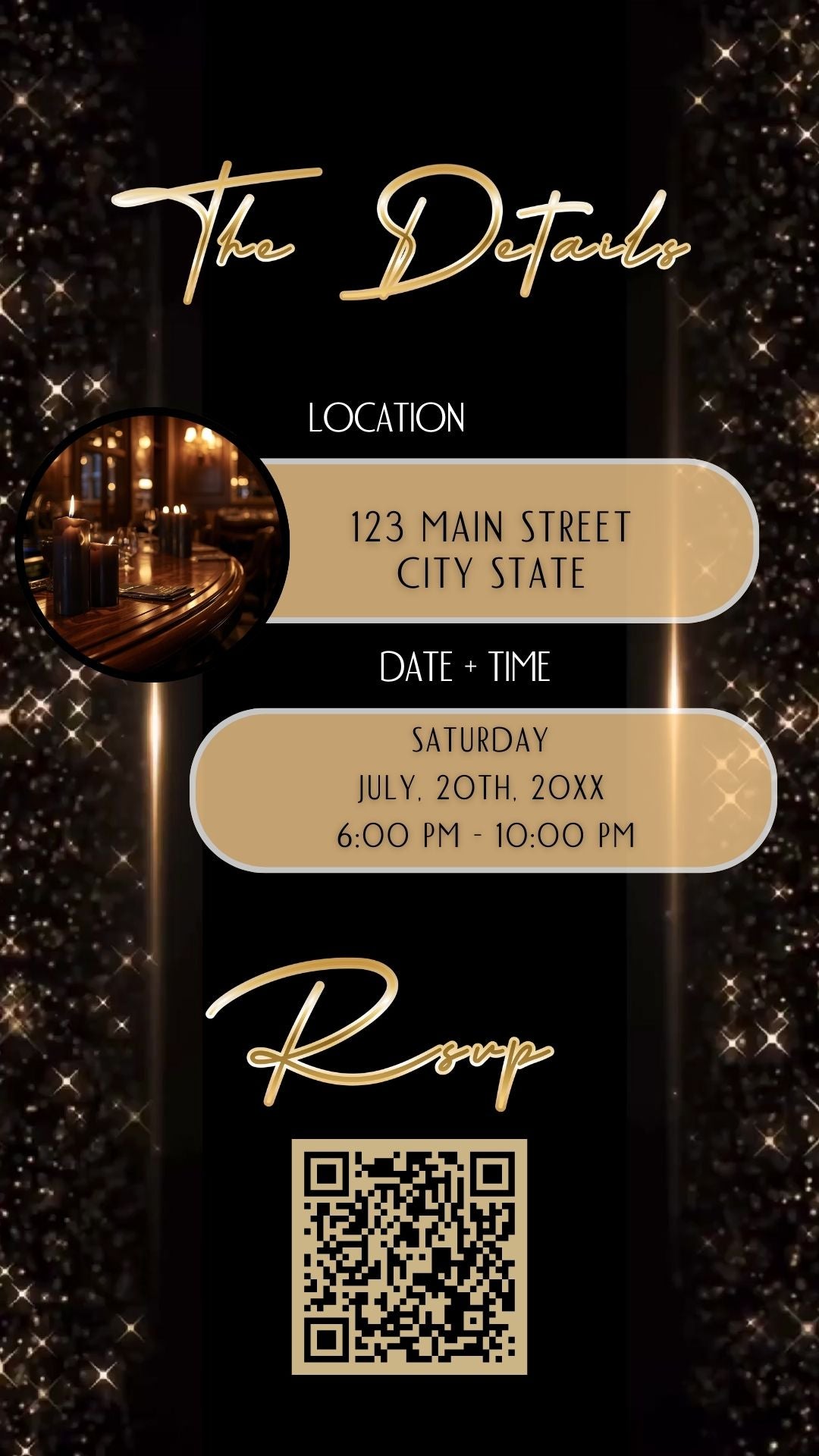 Editable black gold elegant 60th birthday birthday video invitation displayed on a mobile phone, featuring an animated vertical digital invite with music, created in Canva. This premium video invitation template is designed for sharing by text, email, and social media and works with an interactive RSVP website for easy guest response tracking.