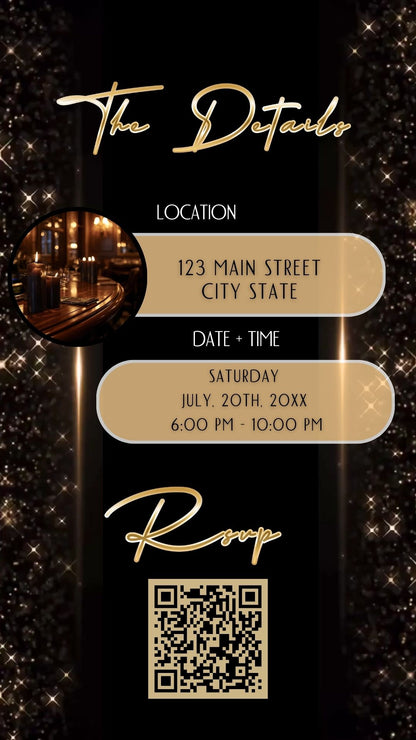 Editable black gold elegant 60th birthday birthday video invitation displayed on a mobile phone, featuring an animated vertical digital invite with music, created in Canva. This premium video invitation template is designed for sharing by text, email, and social media and works with an interactive RSVP website for easy guest response tracking.