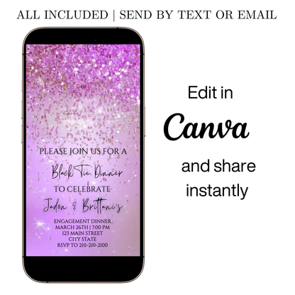 Editable purple watercolor glitter black tie engagement dinner video invitation displayed on a mobile phone, featuring an animated vertical digital invite with music, created in Canva. This premium video invitation template is designed for sharing by text, email, and social media and works with an interactive RSVP website for easy guest response tracking.