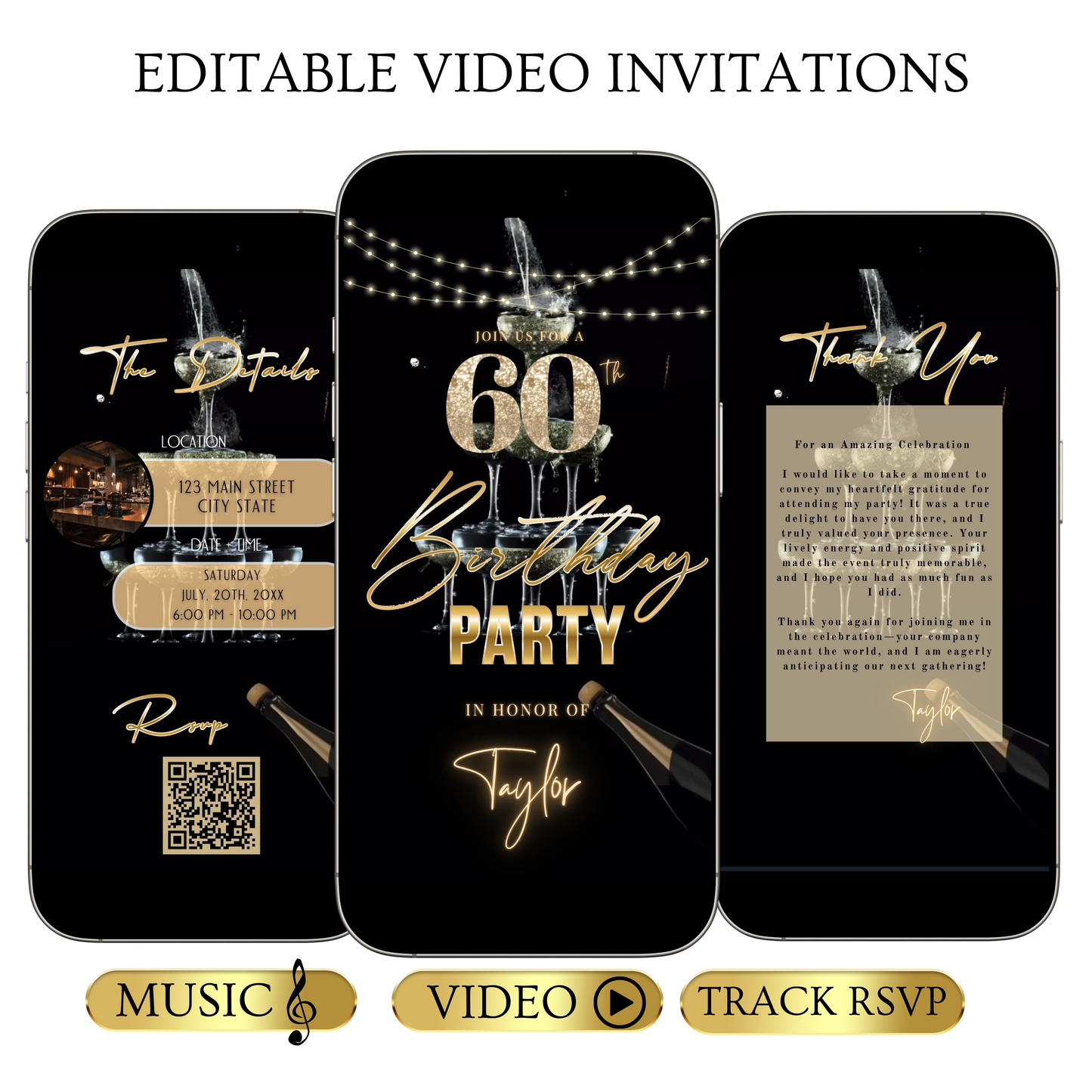 Editable luxury gold champagne 60th birthday birthday video invitation displayed on a mobile phone, featuring an animated vertical digital invite with music, created in Canva. This premium video invitation template is designed for sharing by text, email, and social media and works with an interactive RSVP website for easy guest response tracking.