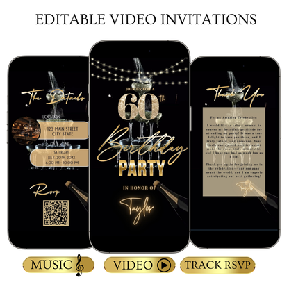 Editable luxury gold champagne 60th birthday birthday video invitation displayed on a mobile phone, featuring an animated vertical digital invite with music, created in Canva. This premium video invitation template is designed for sharing by text, email, and social media and works with an interactive RSVP website for easy guest response tracking.