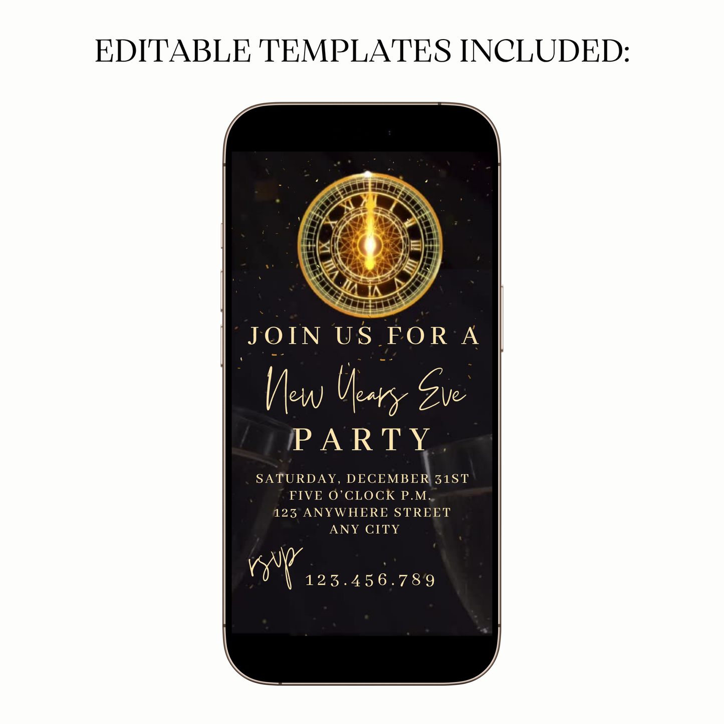 Animated gold black clock digital video party invitation