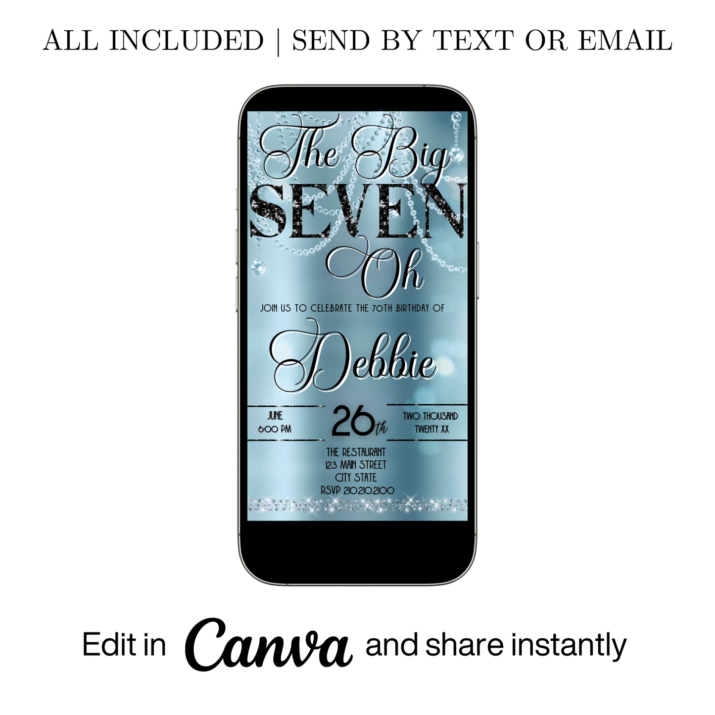 Editable baby blue elegant 70th birthday video invitation displayed on a mobile phone, featuring an animated vertical digital invite with music, created in Canva. This premium video invitation template is designed for sharing by text, email, and social media and works with an interactive RSVP website for easy guest response tracking.