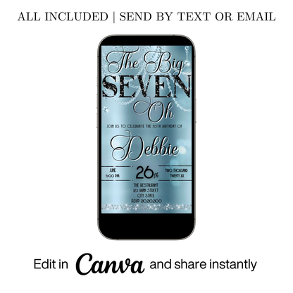 Editable baby blue elegant 70th birthday video invitation displayed on a mobile phone, featuring an animated vertical digital invite with music, created in Canva. This premium video invitation template is designed for sharing by text, email, and social media and works with an interactive RSVP website for easy guest response tracking.