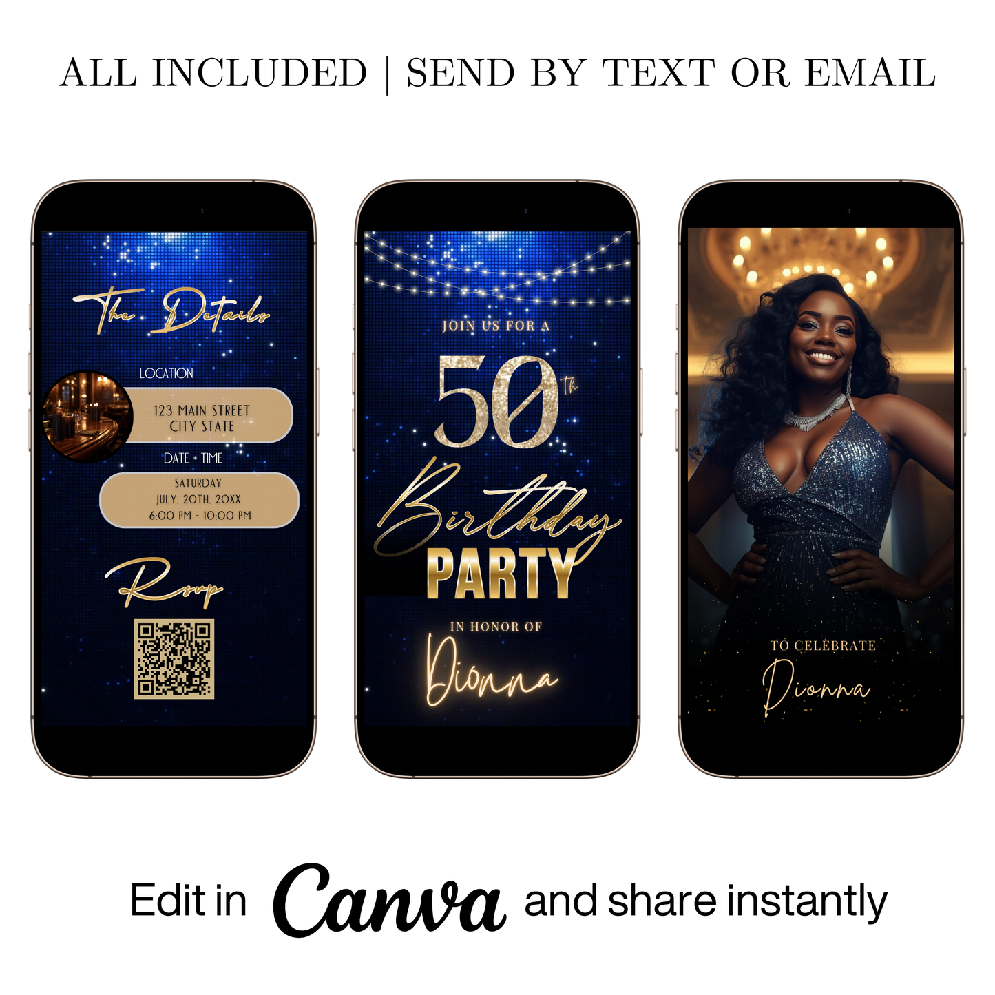 Editable navy blue glitter 50th birthday video invitation displayed on a mobile phone, featuring an animated vertical digital invite with music, created in Canva. This premium video invitation template is designed for sharing by text, email, and social media and works with an interactive RSVP website for easy guest response tracking.