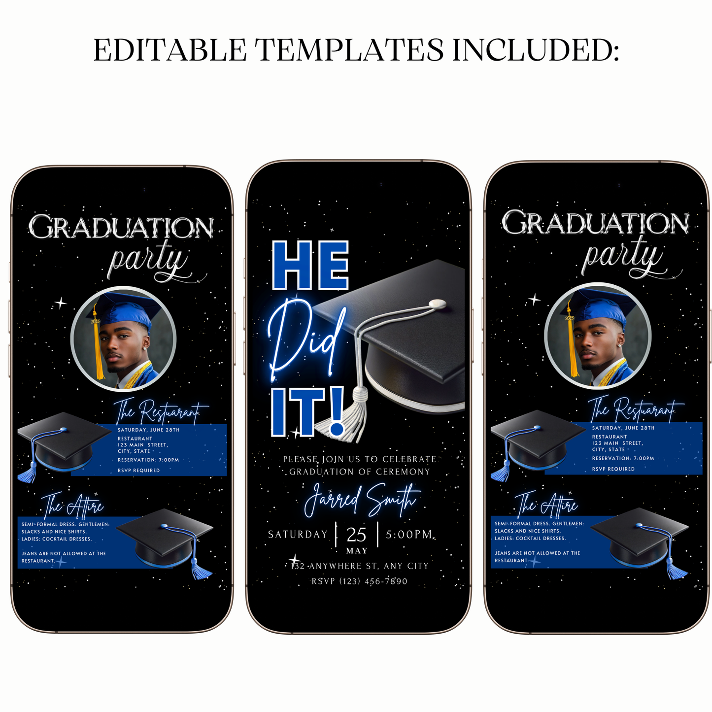 He Did It Graduation Ceremony Video Invitation – Blue & Silver Theme for Mobile Sharing