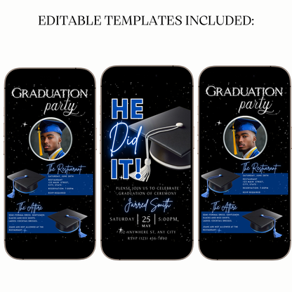 He Did It Graduation Ceremony Video Invitation – Blue & Silver Theme for Mobile Sharing