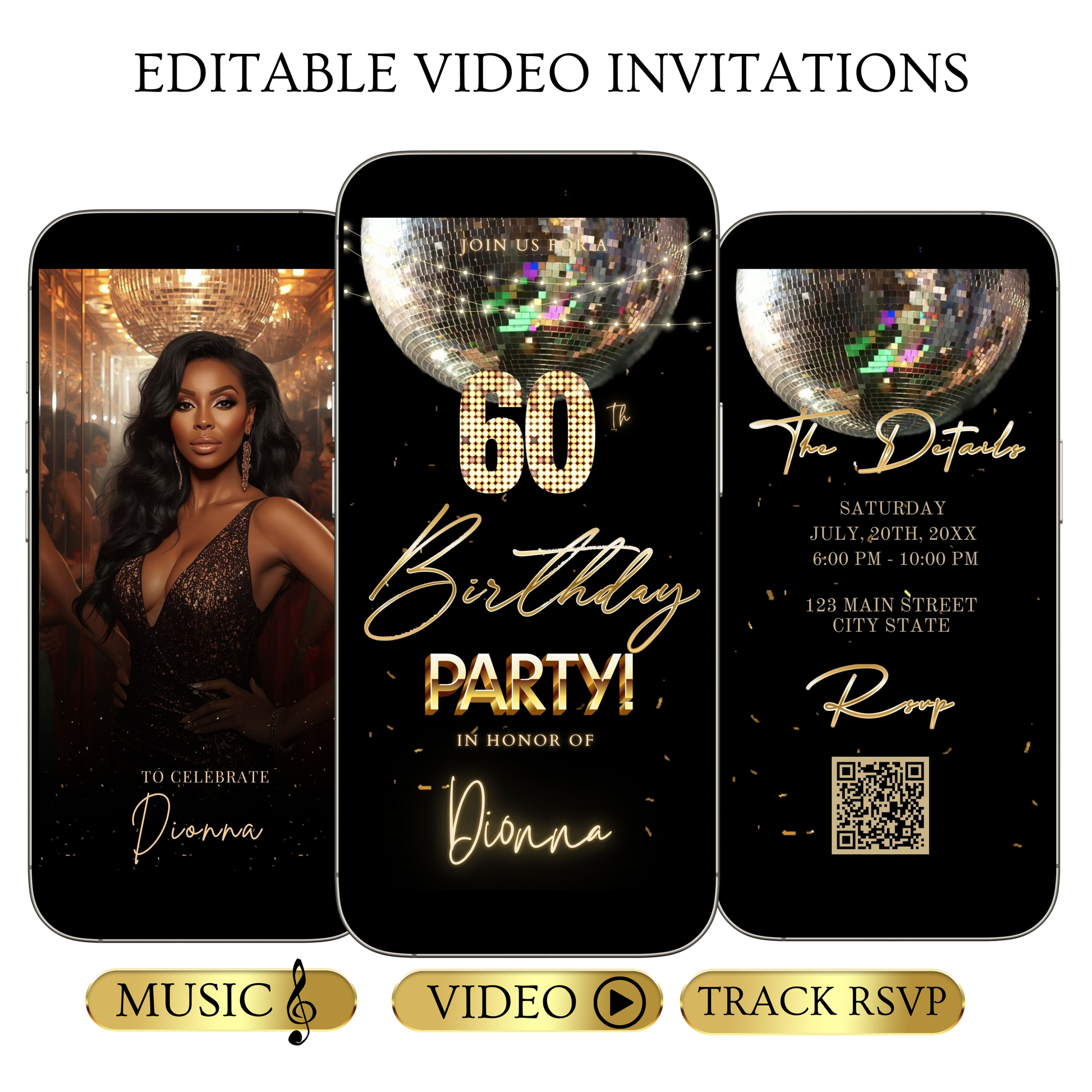 Editable disco ball gold 60th birthday birthday video invitation displayed on a mobile phone, featuring an animated vertical digital invite with music, created in Canva. This premium video invitation template is designed for sharing by text, email, and social media and works with an interactive RSVP website for easy guest response tracking.