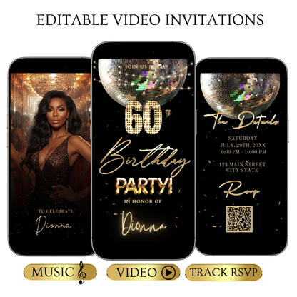 Editable disco ball gold 60th birthday birthday video invitation displayed on a mobile phone, featuring an animated vertical digital invite with music, created in Canva. This premium video invitation template is designed for sharing by text, email, and social media and works with an interactive RSVP website for easy guest response tracking.