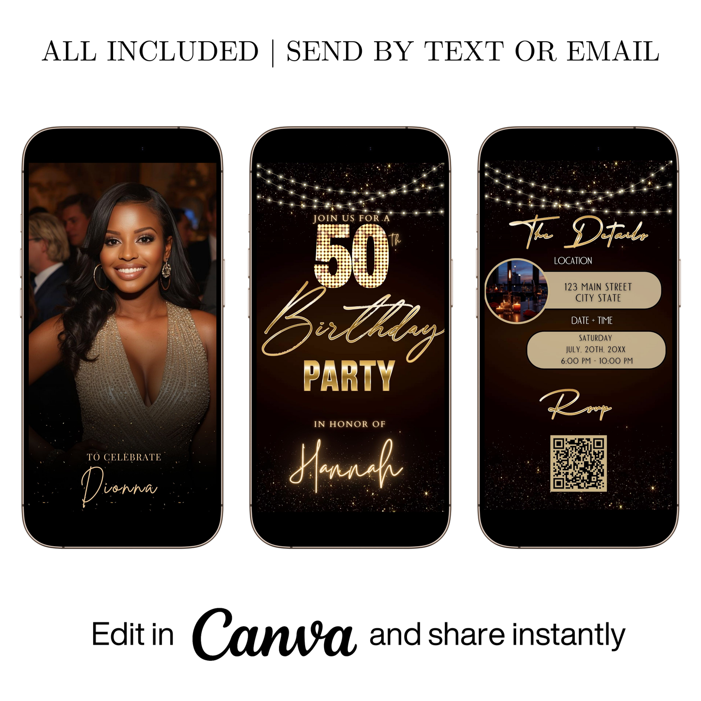 Editable maroon gold sparkle 50th birthday party video invitation displayed on a mobile phone, featuring an animated vertical digital invite with music, created in Canva. This premium video invitation template is designed for sharing by text, email, and social media and works with an interactive RSVP website for easy guest response tracking.