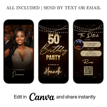 Editable maroon gold sparkle 50th birthday party video invitation displayed on a mobile phone, featuring an animated vertical digital invite with music, created in Canva. This premium video invitation template is designed for sharing by text, email, and social media and works with an interactive RSVP website for easy guest response tracking.