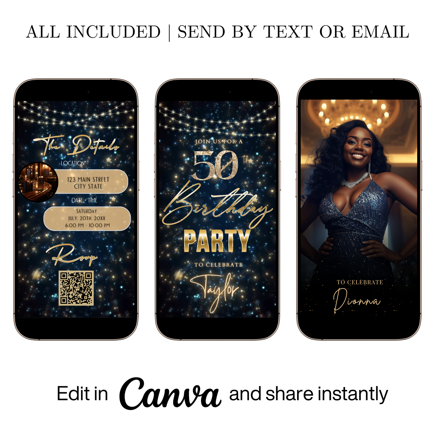 Editable navy blue gold starry 50th birthday video invitation displayed on a mobile phone, featuring an animated vertical digital invite with music, created in Canva. This premium video invitation template is designed for sharing by text, email, and social media and works with an interactive RSVP website for easy guest response tracking.
