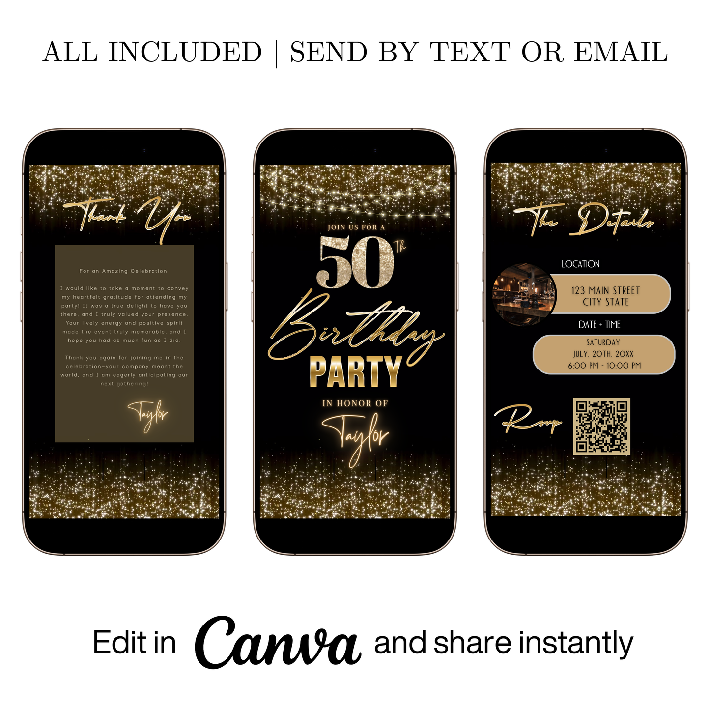 Editable black gold string lights 50th birthday video invitation displayed on a mobile phone, featuring an animated vertical digital invite with music, created in Canva. This premium video invitation template is designed for sharing by text, email, and social media and works with an interactive RSVP website for easy guest response tracking.