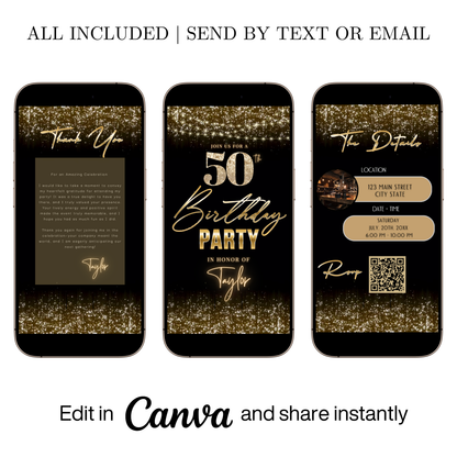 Editable black gold string lights 50th birthday video invitation displayed on a mobile phone, featuring an animated vertical digital invite with music, created in Canva. This premium video invitation template is designed for sharing by text, email, and social media and works with an interactive RSVP website for easy guest response tracking.