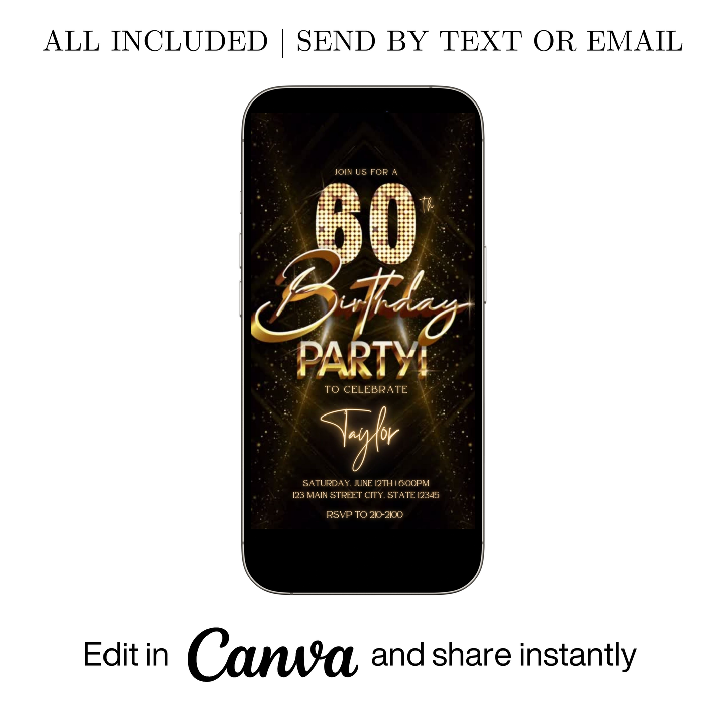 Editable gold glitter 60th birthday video invitation displayed on a mobile phone, featuring an animated vertical digital invite with music, created in Canva. This premium video invitation template is designed for sharing by text, email, and social media and works with an interactive RSVP website for easy guest response tracking.