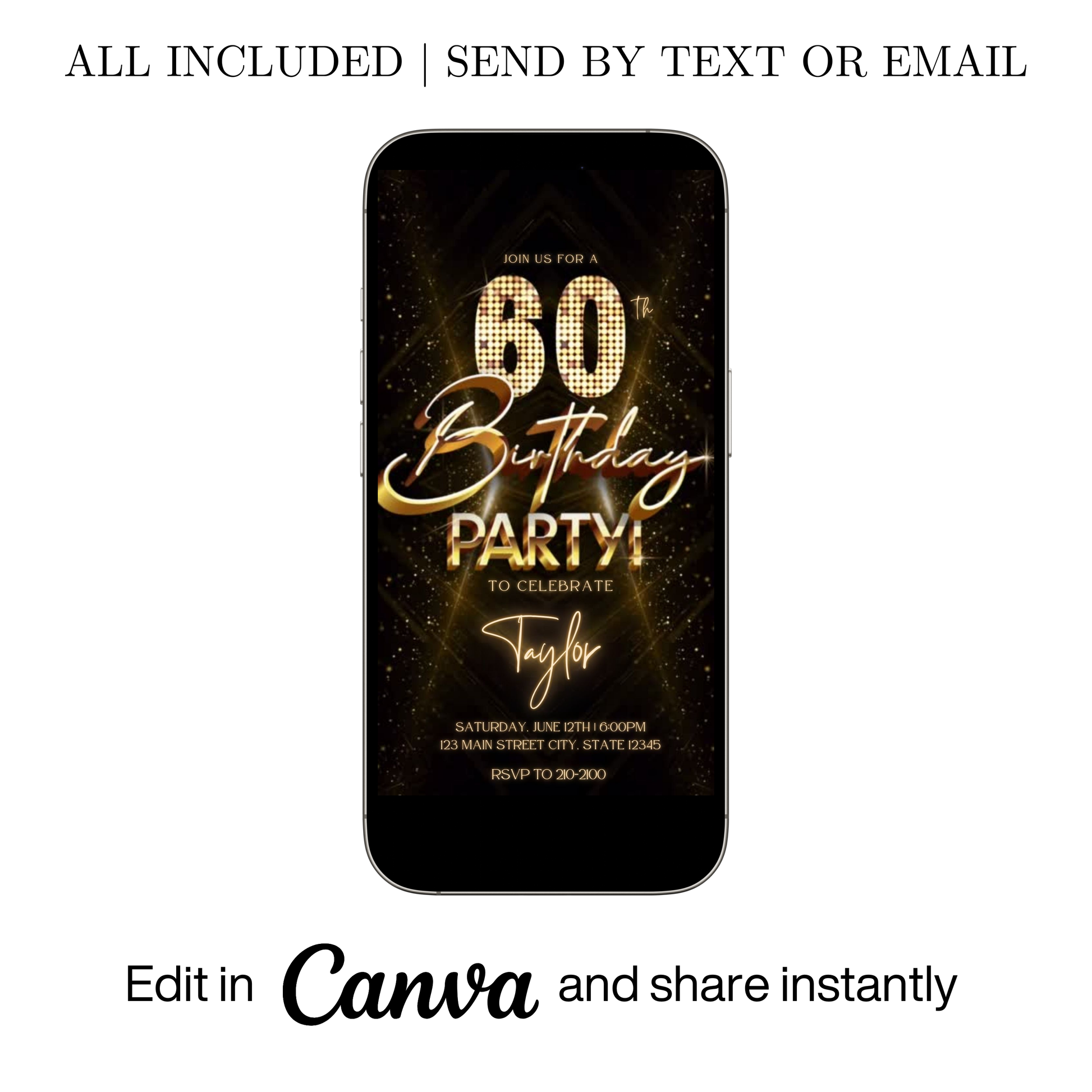 Editable gold glitter 60th birthday video invitation displayed on a mobile phone, featuring an animated vertical digital invite with music, created in Canva. This premium video invitation template is designed for sharing by text, email, and social media and works with an interactive RSVP website for easy guest response tracking.