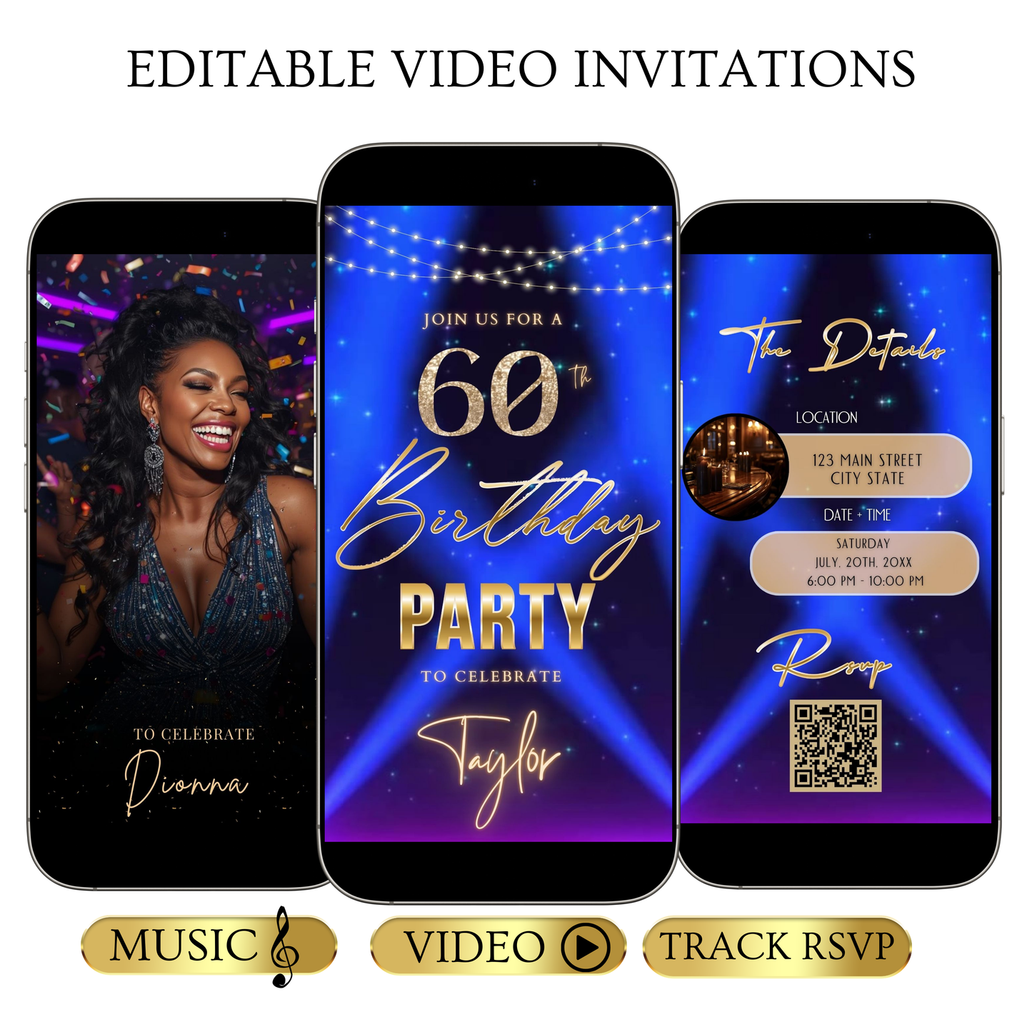 Editable blue purple spotlight 60th birthday birthday video invitation displayed on a mobile phone, featuring an animated vertical digital invite with music, created in Canva. This premium video invitation template is designed for sharing by text, email, and social media and works with an interactive RSVP website for easy guest response tracking.