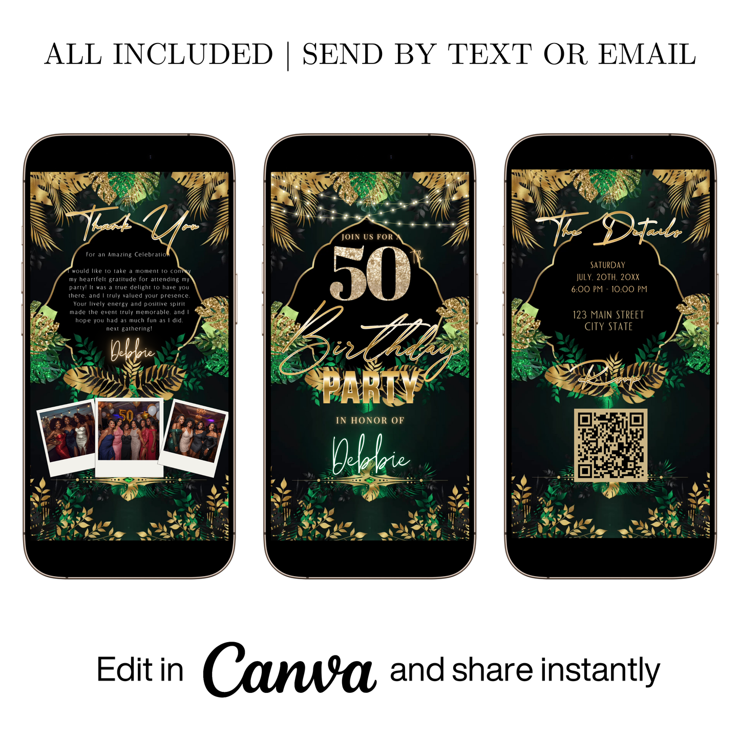Editable tropical green gold 50th birthday video invitation displayed on a mobile phone, featuring an animated vertical digital invite with music, created in Canva. This premium video invitation template is designed for sharing by text, email, and social media and works with an interactive RSVP website for easy guest response tracking.