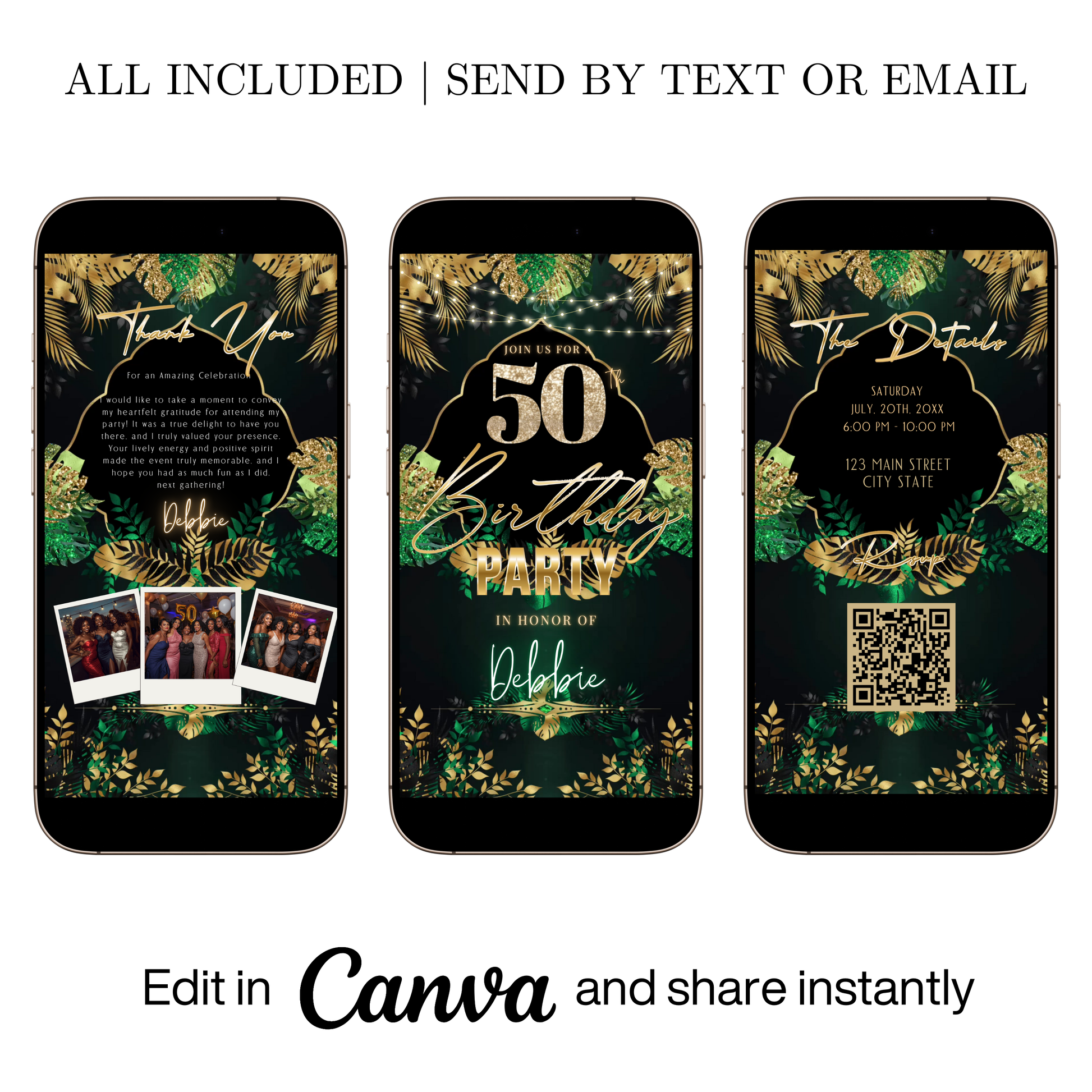 Editable tropical green gold 50th birthday video invitation displayed on a mobile phone, featuring an animated vertical digital invite with music, created in Canva. This premium video invitation template is designed for sharing by text, email, and social media and works with an interactive RSVP website for easy guest response tracking.