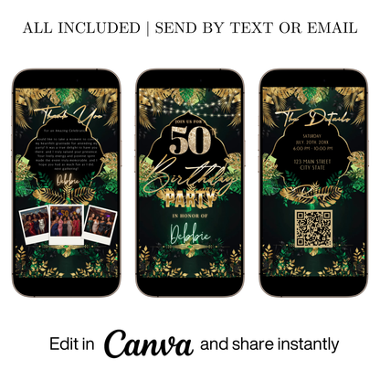 Editable tropical green gold 50th birthday video invitation displayed on a mobile phone, featuring an animated vertical digital invite with music, created in Canva. This premium video invitation template is designed for sharing by text, email, and social media and works with an interactive RSVP website for easy guest response tracking.
