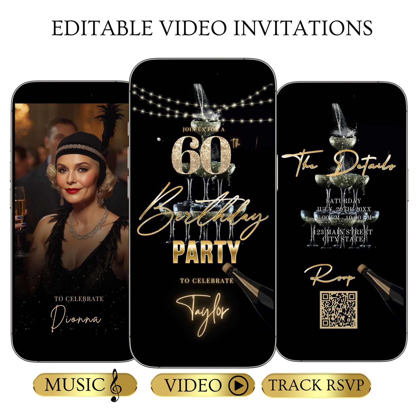 Editable black gold elegant 60th birthday birthday video invitation displayed on a mobile phone, featuring an animated vertical digital invite with music, created in Canva. This premium video invitation template is designed for sharing by text, email, and social media and works with an interactive RSVP website for easy guest response tracking.