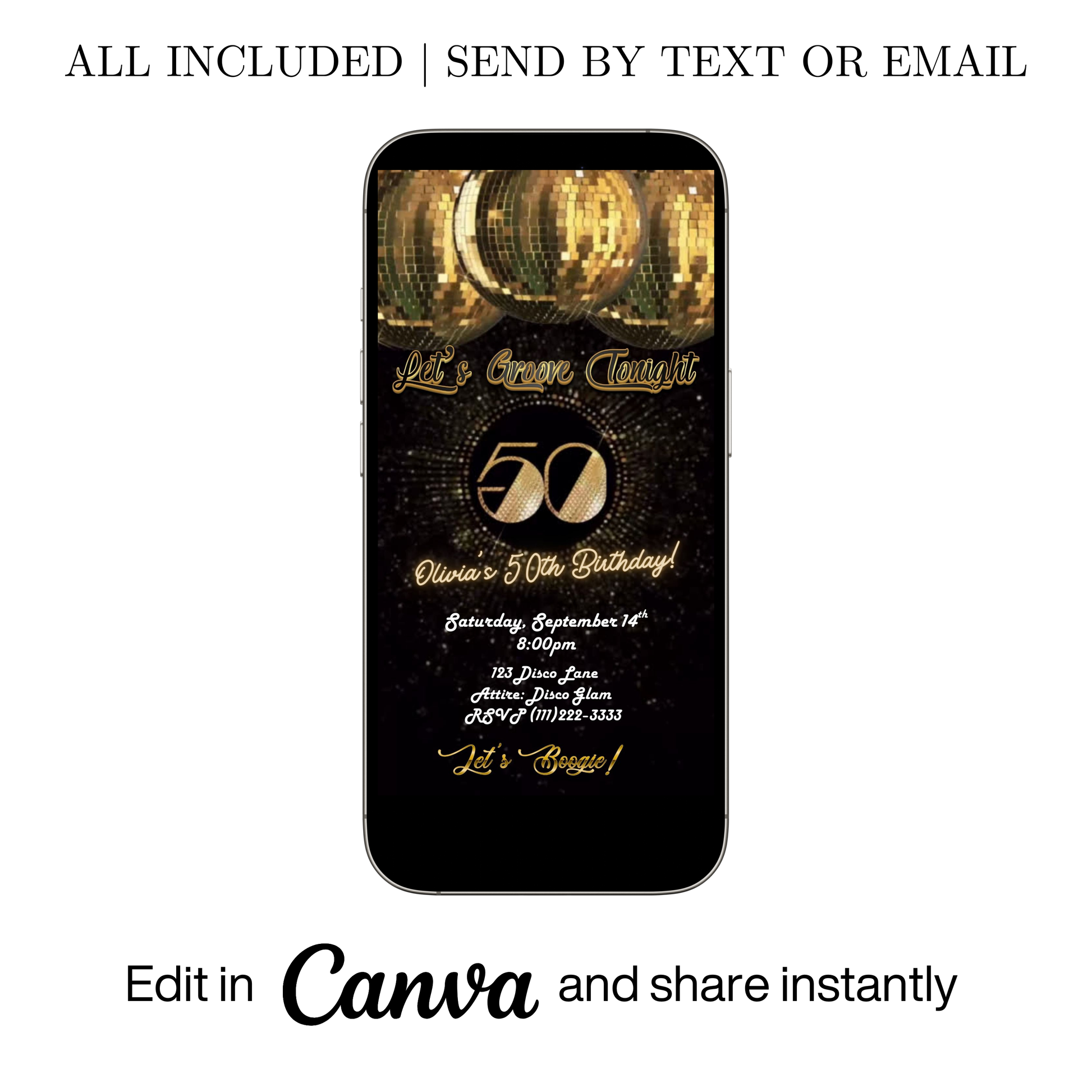 Editable gold disco 50th birthday video invitation displayed on a mobile phone, featuring an animated vertical digital invite with music, created in Canva. This premium video invitation template is designed for sharing by text, email, and social media and works with an interactive RSVP website for easy guest response tracking.