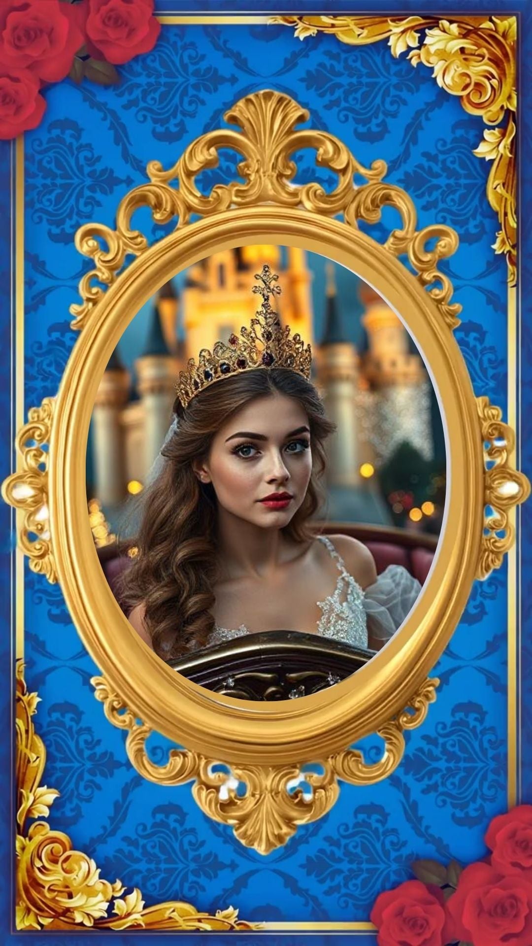Editable beauty and the beast fairytale quinceañera event video invitation displayed on a mobile phone, featuring an animated vertical digital invite with music, created in Canva. This premium video invitation template is designed for sharing by text, email, and social media and works with an interactive RSVP website for easy guest response tracking.