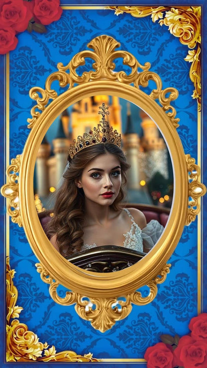 Editable beauty and the beast fairytale quinceañera event video invitation displayed on a mobile phone, featuring an animated vertical digital invite with music, created in Canva. This premium video invitation template is designed for sharing by text, email, and social media and works with an interactive RSVP website for easy guest response tracking.