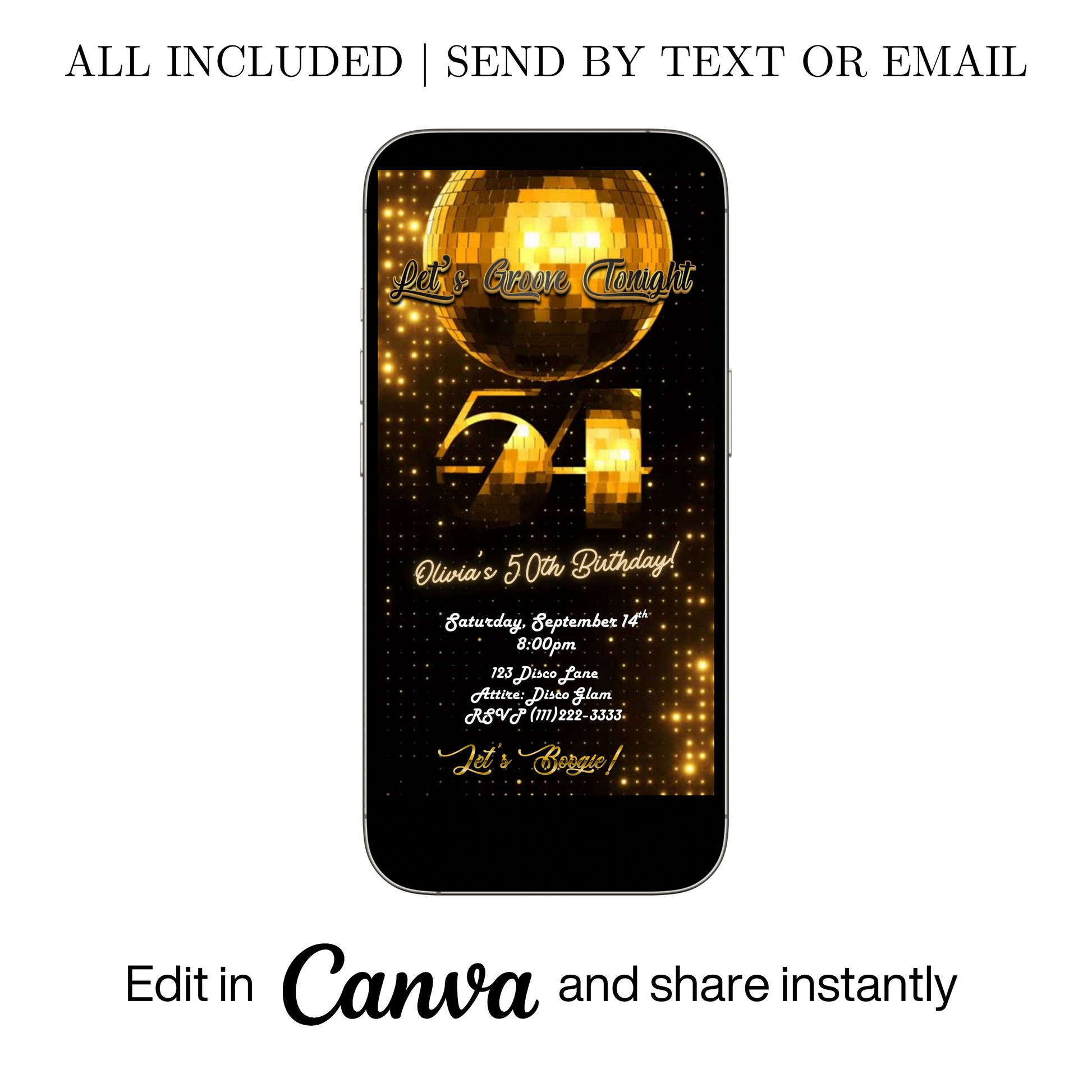 Editable gold disco 54th birthday video invitation displayed on a mobile phone, featuring an animated vertical digital invite with music, created in Canva. This premium video invitation template is designed for sharing by text, email, and social media and works with an interactive RSVP website for easy guest response tracking.