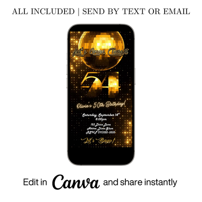 Editable gold disco 54th birthday video invitation displayed on a mobile phone, featuring an animated vertical digital invite with music, created in Canva. This premium video invitation template is designed for sharing by text, email, and social media and works with an interactive RSVP website for easy guest response tracking.