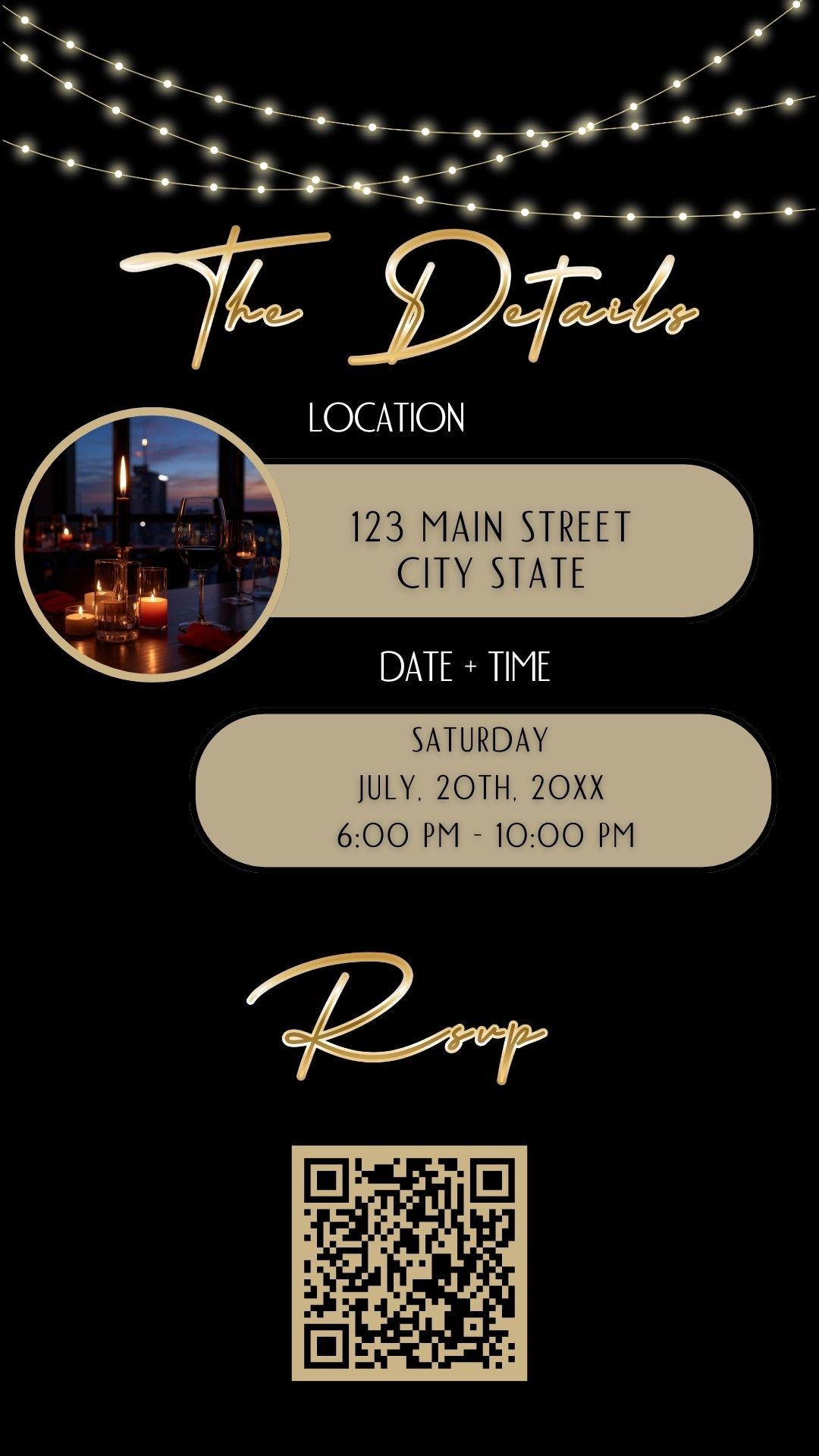 Editable black gold glam 50th birthday video invitation displayed on a mobile phone, featuring an animated vertical digital invite with music, created in Canva. This premium video invitation template is designed for sharing by text, email, and social media and works with an interactive RSVP website for easy guest response tracking.