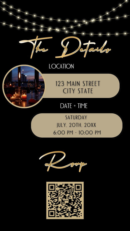 Editable black gold glam 50th birthday video invitation displayed on a mobile phone, featuring an animated vertical digital invite with music, created in Canva. This premium video invitation template is designed for sharing by text, email, and social media and works with an interactive RSVP website for easy guest response tracking.