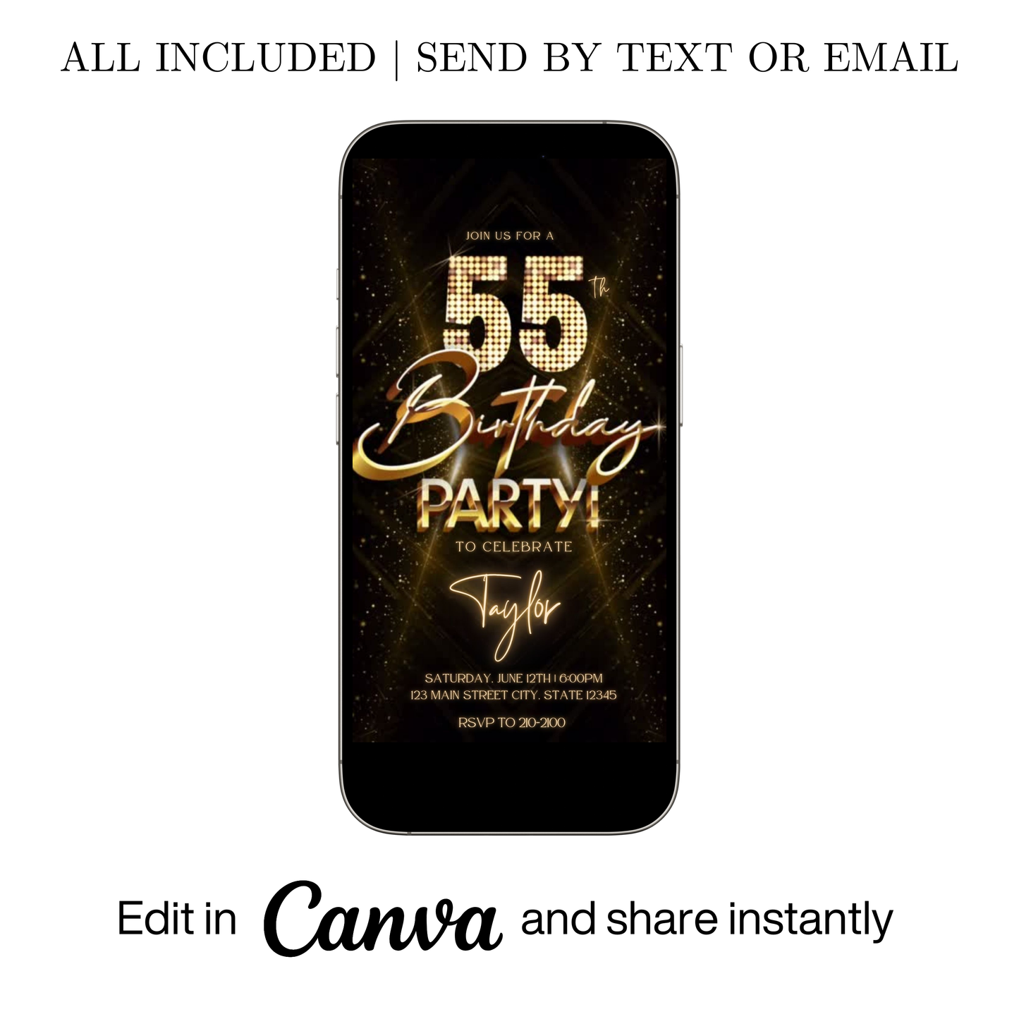 Editable gold glitter 55th birthday party video invitation displayed on a mobile phone, featuring an animated vertical digital invite with music, created in Canva. This premium video invitation template is designed for sharing by text, email, and social media and works with an interactive RSVP website for easy guest response tracking.
