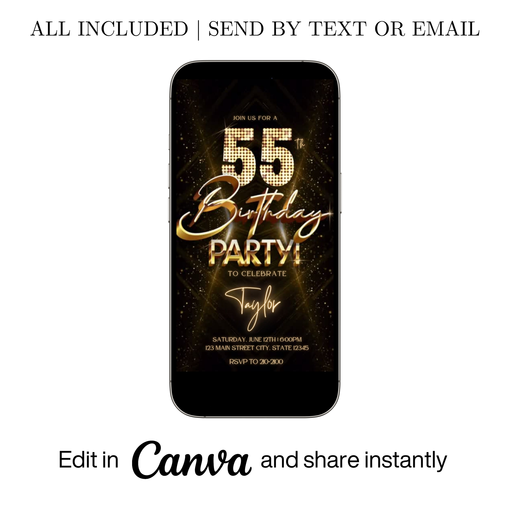 Editable gold glitter 55th birthday party video invitation displayed on a mobile phone, featuring an animated vertical digital invite with music, created in Canva. This premium video invitation template is designed for sharing by text, email, and social media and works with an interactive RSVP website for easy guest response tracking.