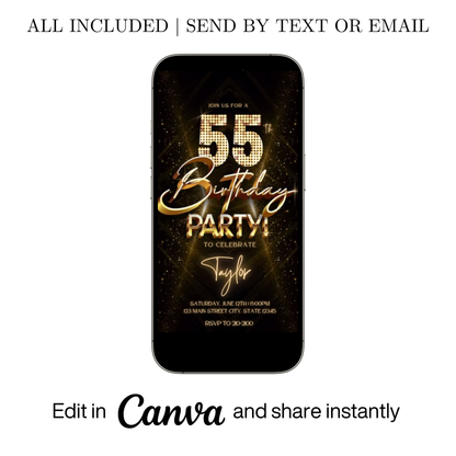 Editable gold glitter 55th birthday party video invitation displayed on a mobile phone, featuring an animated vertical digital invite with music, created in Canva. This premium video invitation template is designed for sharing by text, email, and social media and works with an interactive RSVP website for easy guest response tracking.