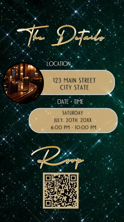Editable teal glam 60th birthday birthday video invitation displayed on a mobile phone, featuring an animated vertical digital invite with music, created in Canva. This premium video invitation template is designed for sharing by text, email, and social media and works with an interactive RSVP website for easy guest response tracking.