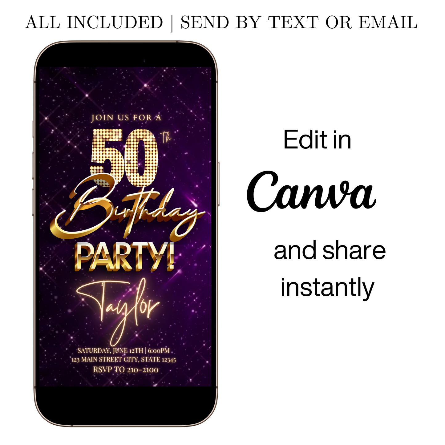 Editable purple gold sparkle 50th birthday video invitation displayed on a mobile phone, featuring an animated vertical digital invite with music, created in Canva. This premium video invitation template is designed for sharing by text, email, and social media and works with an interactive RSVP website for easy guest response tracking.
