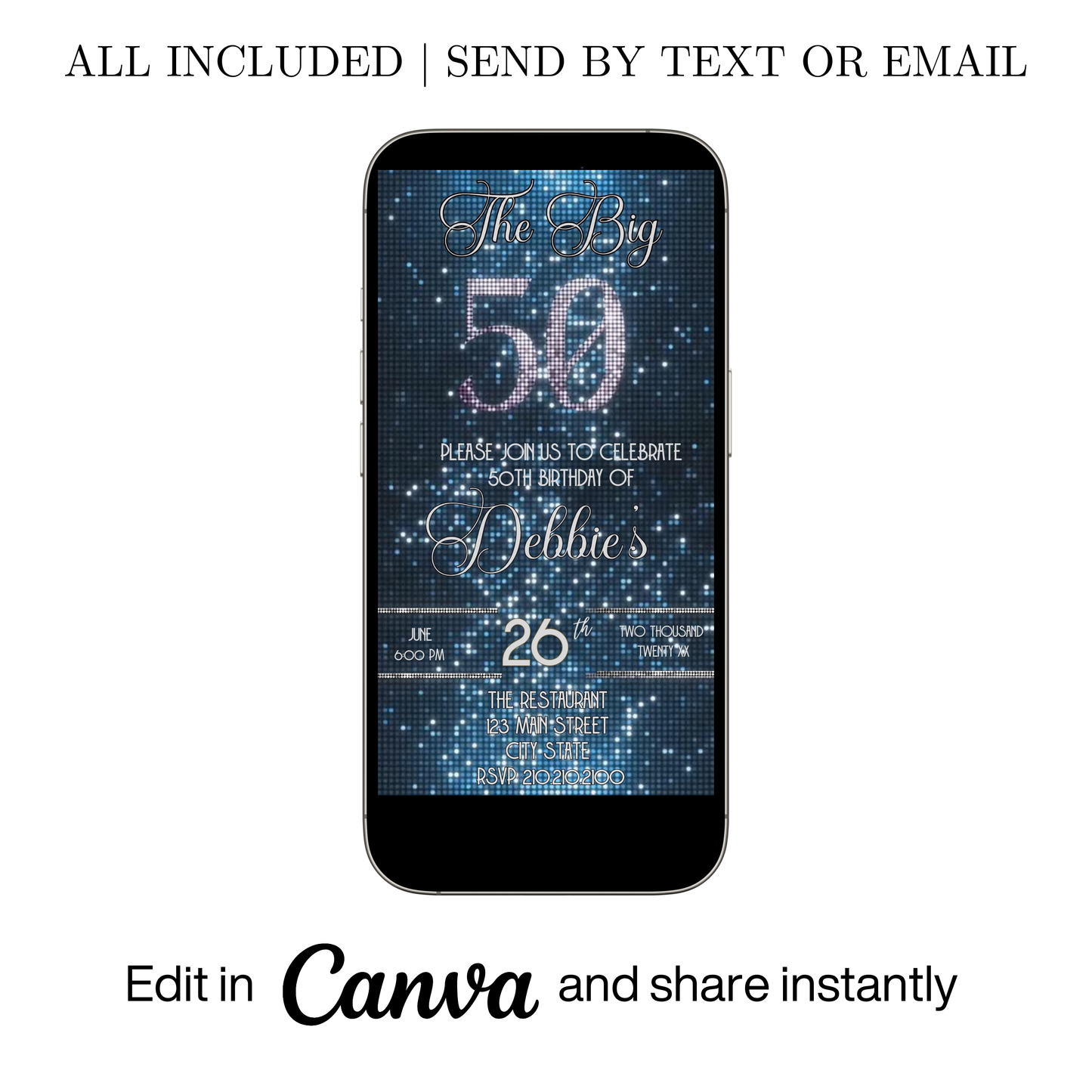 Editable blue glitter 50th birthday video invitation displayed on a mobile phone, featuring an animated vertical digital invite with music, created in Canva. This premium video invitation template is designed for sharing by text, email, and social media and works with an interactive RSVP website for easy guest response tracking.
